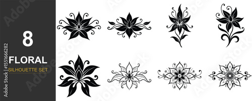 Ornate & Detailed Floral Design Kit: Elaborate Black & White Scrollwork, Leaves & Blossoms