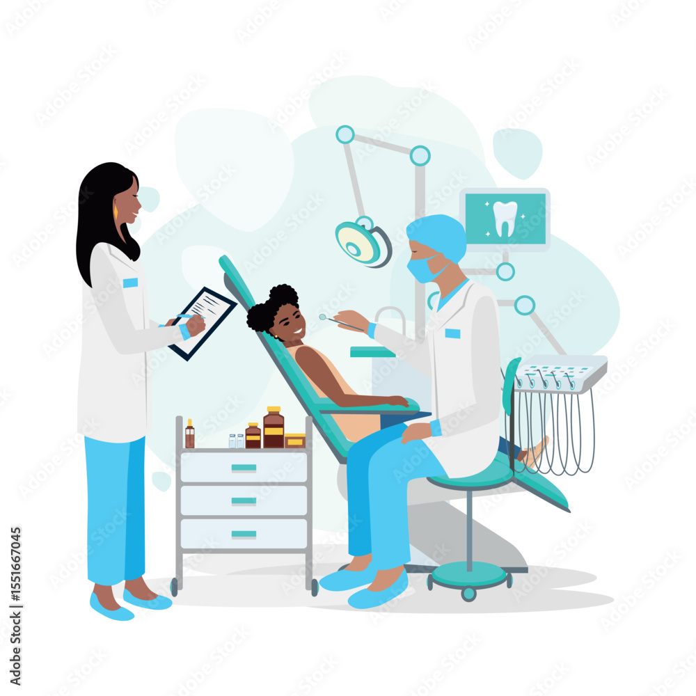 Happy girl sitting in a dentist's chair in the dentist's office. Children's dentist. Vector illustration on a white background. Happy girl sitting in a dentist's chair in the dentist's office. Children's dentist. Vector illustration on a white background.