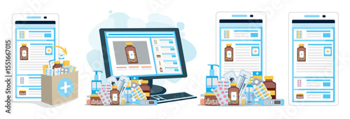 Set of vector illustrations of online pharmacy on white background. Health and medicine. Ordering medicines via application on smartphone, tablet or computer. Home delivery of medicines.