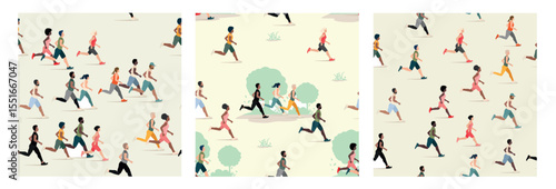 A large group of men and women of different nationalities run together. Marathon. Sports and active lifestyle. Set flat vector seamless pattern.