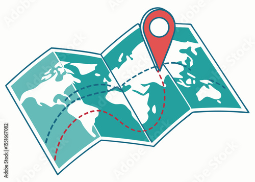 World map with location pin and travel route for navigation and journey planning vector illustration