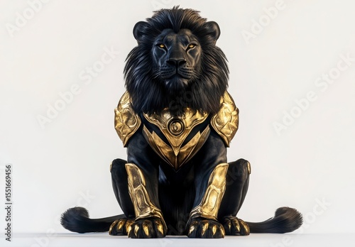 Majestic Black Lion In Golden Armor Against A White Background