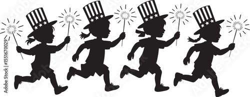 Four Silhouettes Children Running Sparklers Uncle Sams Hats vector