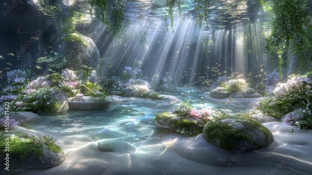 Fototapeta premium Underwater seascape with marine life, illuminated by natural sunlight and filled with seaweed