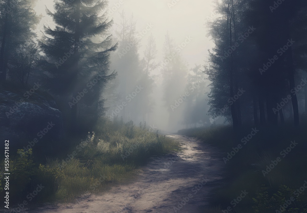 Obraz premium Misty Forest Trail A Peaceful Path Through Woods