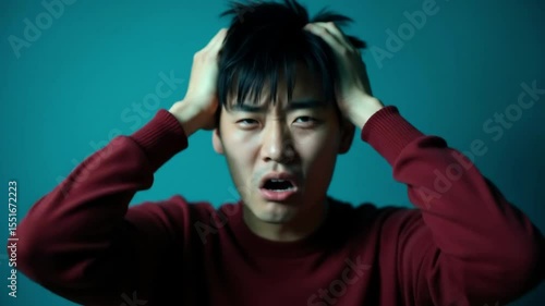 Stressed Young Man in in Red Sweater Panic Holding His Head Showing Frustration and Breakdown