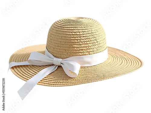 Straw beach hat with white ribbon isolated on transparent background