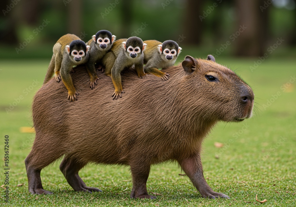 Fototapeta Capybara with squirrel monkeys riding on its back in a grassy park, showcasing unique interspecies friendship and wildlife harmony in nature.