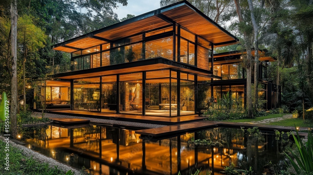 Obraz premium Modern House With Wooden Beams At Night In A Tropical Forest