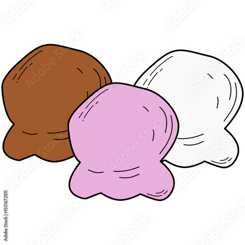 Cartoon-style illustration of three ice cream scoops in chocolate, strawberry, and vanilla flavors. Clean outlines and solid pastel colors make it suitable for food-themed designs