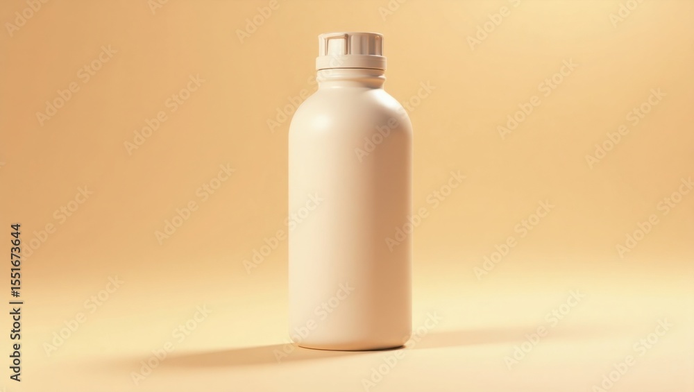 A plain cream colored beverage bottle stands tall against a matching light yellow background, ideal for a product mockup. A plain cream colored beverage bottle stands tall against a matching light yellow background, ideal for a product mockup.