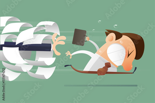 Illustration of office worker fleeing unpaid overtime chase.