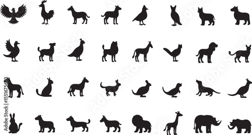 A vector set of black animal silhouettes featuring dogs, cats, horses, wolves, deer, and tigers, perfect for pet and wild mammal illustrations