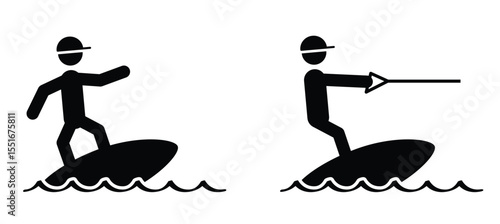 Cartoon summer water sport icon. Summer sports concept. Surfing on the wave. Water skiing or wakeboarding sign. Ski or surf board in to the sea or ocean.