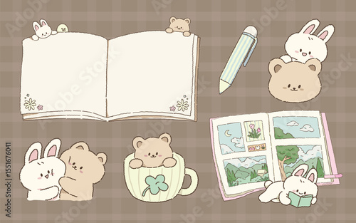 Cute Kawaii Bear and Bunny Journal Diary Planner Notebook