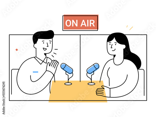 A radio host and guest sit at table with microphones engaging in lively interview in studio setting, representing broadcast communication and podcast discussion