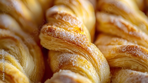 35. Macro photo of puff pastry twists with visible layers and sugar granules