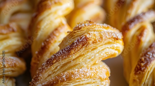 35. Macro photo of puff pastry twists with visible layers and sugar granules