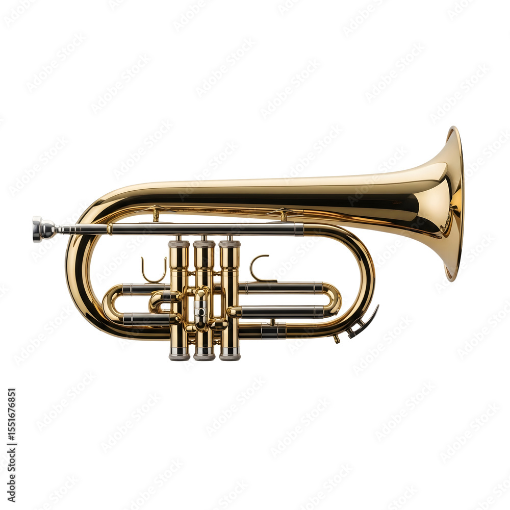 Obraz premium Gold cornet brass instrument isolated on transparent background