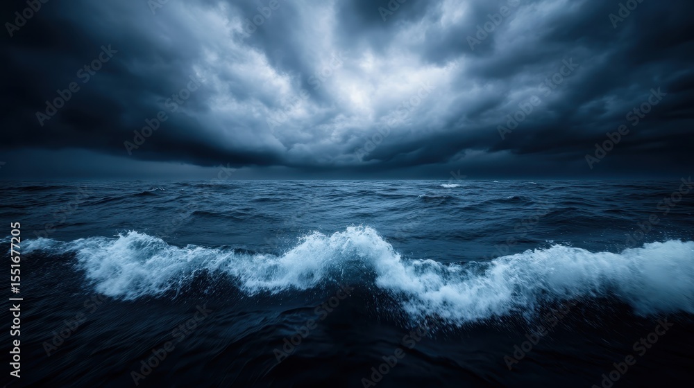 Obraz premium A captivating ocean scene featuring dark stormy clouds above tumultuous waves, evoking feelings of power, nature's majesty, and the beauty of the fierce sea.