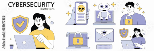 Cybersecurity illustrations isolated on transparent background
