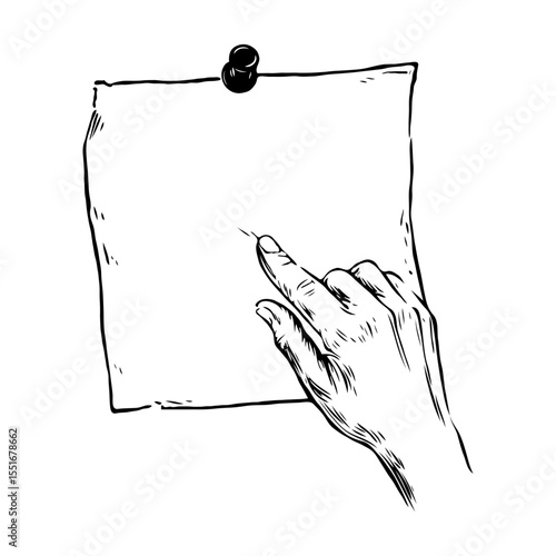 Hand pointing at pinned sheet of paper, drawn in sketch style on white background, concept of communication or announcement