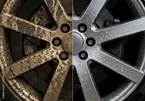 Before and after comparison of a dirty, muddy alloy wheel and a sparkling clean one. Car wash, rim cleaning, and auto detailing concept.