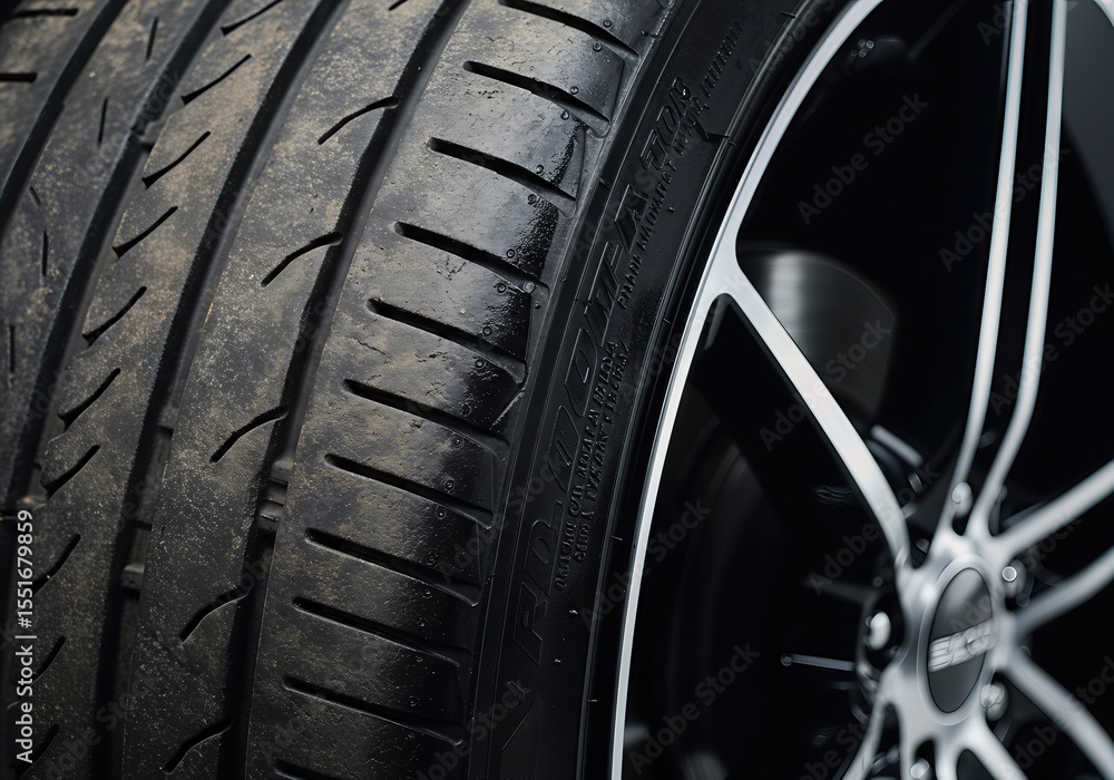 Closeup of a high-performance tire tread and modern alloy rim. Concept of speed, driving safety, and automotive maintenance. Closeup of a high-performance tire tread and modern alloy rim. Concept of speed, driving safety, and automotive maintenance.