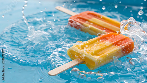 Refreshing summer fruit ice popsicles in water for hot weather treat and cool down concept photography