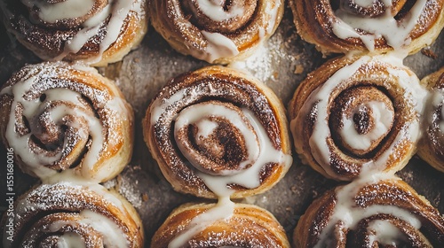 93. Flat lay of sweet rolls with cinnamon swirl and icing drizzle