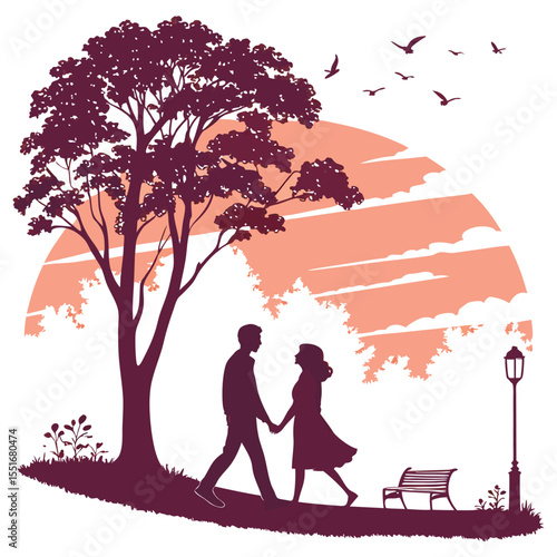 Silhouette Couple Walking Hand-in-Hand at Sunset Park Romance