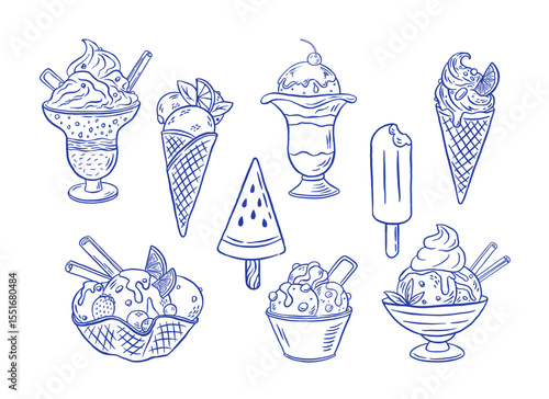 Hand draw ice cream vector illustration. Vintage icecream icon set. Gelato, cone, sorbet, frozen yogurt, dessert in doodle style