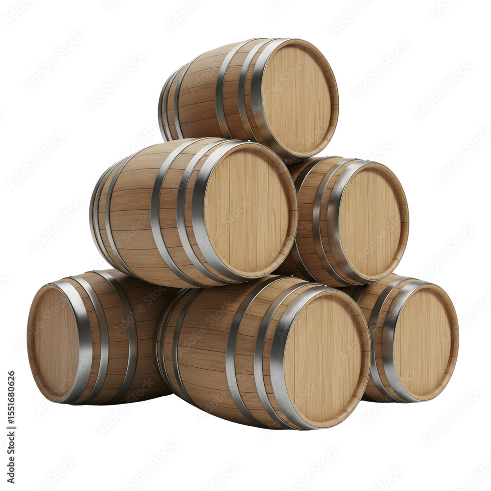 Stack of wooden barrels for wine or spirits isolated on transparent background Stack of wooden barrels for wine or spirits isolated on transparent background