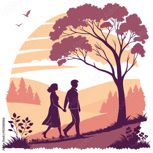 Couple Walking Hand in Hand at Sunset A Serene Landscape Illustration