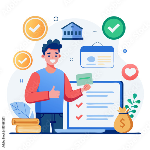 Loan agreement borrow money from bank mortgage debt obligation to pay back interest rate personal loan financial support Person using laptop with approved loan agreement on virtual screen modern flat