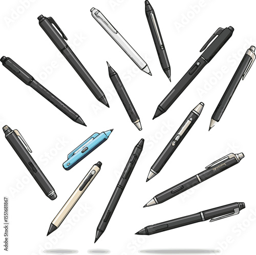 Create a kinds of deferent Floating Stylus Pens vector art with white background.