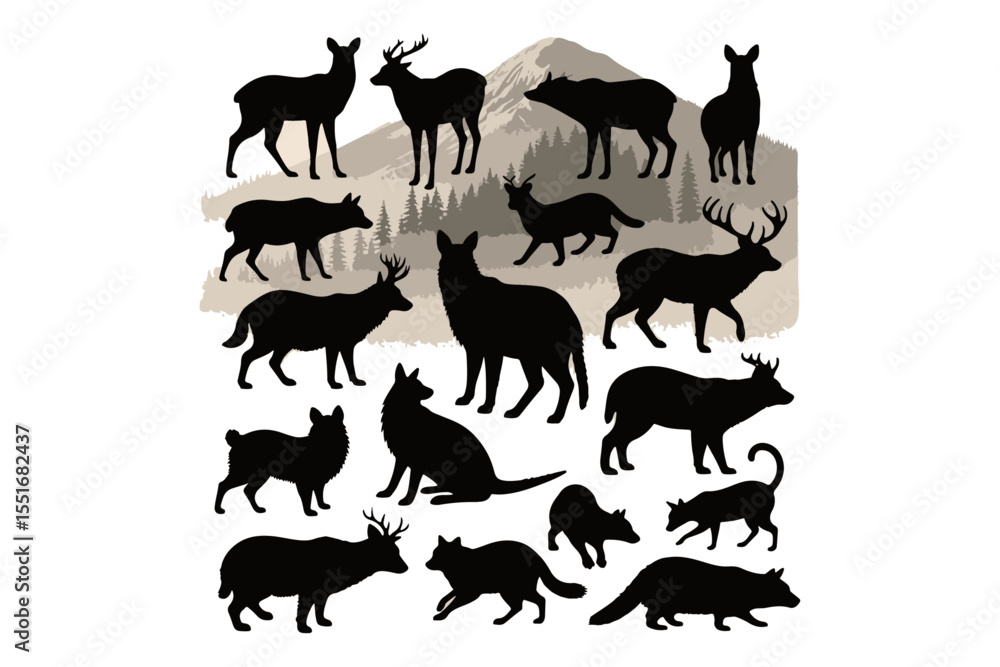 Obraz premium Wild animals silhouette collection in black vector style set with mammals like lion tiger elephant and more