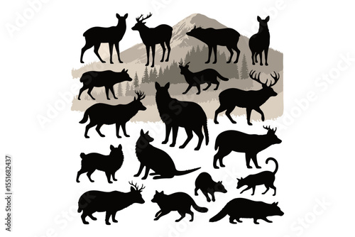 Wild animals silhouette collection in black vector style set with mammals like lion tiger elephant and more