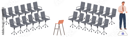 Conference setup with rows of office chairs, a single orange speaking stand, and a poised leader. Ideal for leadership, public speaking, presentations, team motivation, and corporate training. Simple