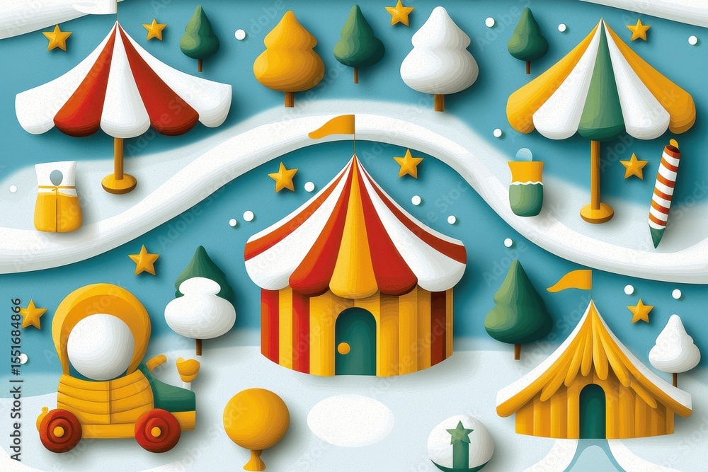Fototapeta premium Colorful Carnival Scene with Tents and Trees in Winter Wonderland