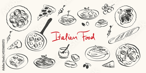 Quirky italian food doodles. Whimsical icons of Italian food in simple crayon and sketch style. Trendy art for menus and dinner brunch invitations. La dolce vita vector illustration