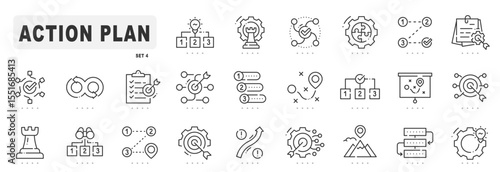 Action plan related line icons. Strategy, project, process etc. Editable stroke