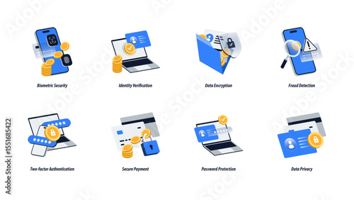 Modern Isometric Fintech Icons Set. Biometric Security, Encryption, 2FA, Fraud Detection, Secure Payment, Data Privacy. Editable Vector for App, Web, and UI Design.
