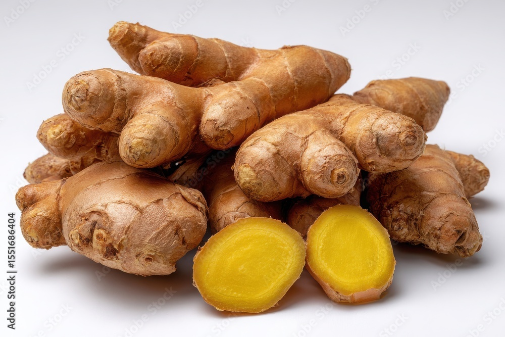Fototapeta premium A pile of fresh ginger root with two slices showing the bright yellow interior on a white background