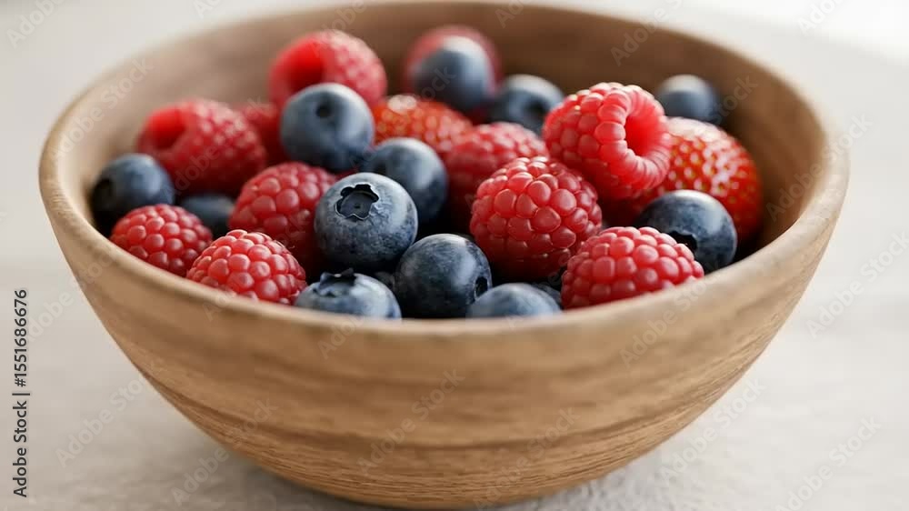 Fresh berries in a wooden bowl on a neutral surface Fresh berries in a wooden bowl on a neutral surface