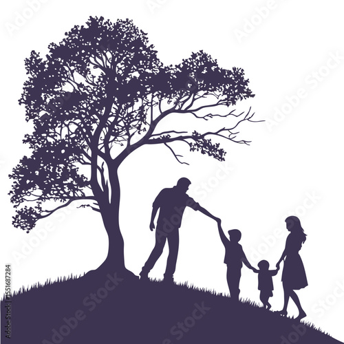 Family Unity Silhouette of a Family of Four Holding Hands Under a Tree