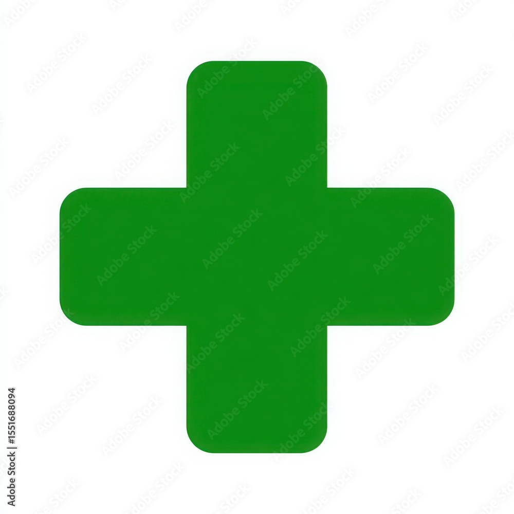 Fototapeta premium Simple green plus symbol with rounded corners on a clean white background representing health and medicine