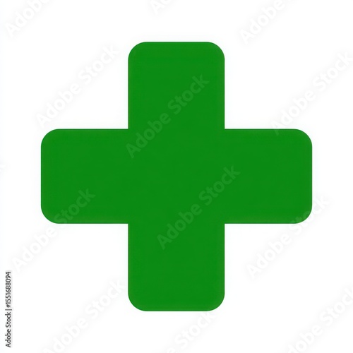 Simple green plus symbol with rounded corners on a clean white background representing health and medicine