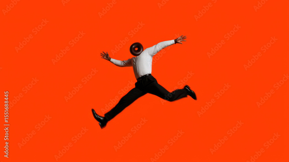 Fototapeta premium Person with speaker head jumping mid air against bright orange background energetic and dynamic scene modern and vibrant style