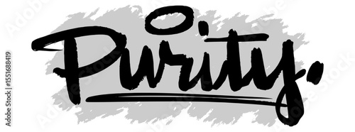 Black hand-drawn “Purity” lettering on gray splatter background. Great for spiritual design, Christian messages, and inspirational faith-based visuals.